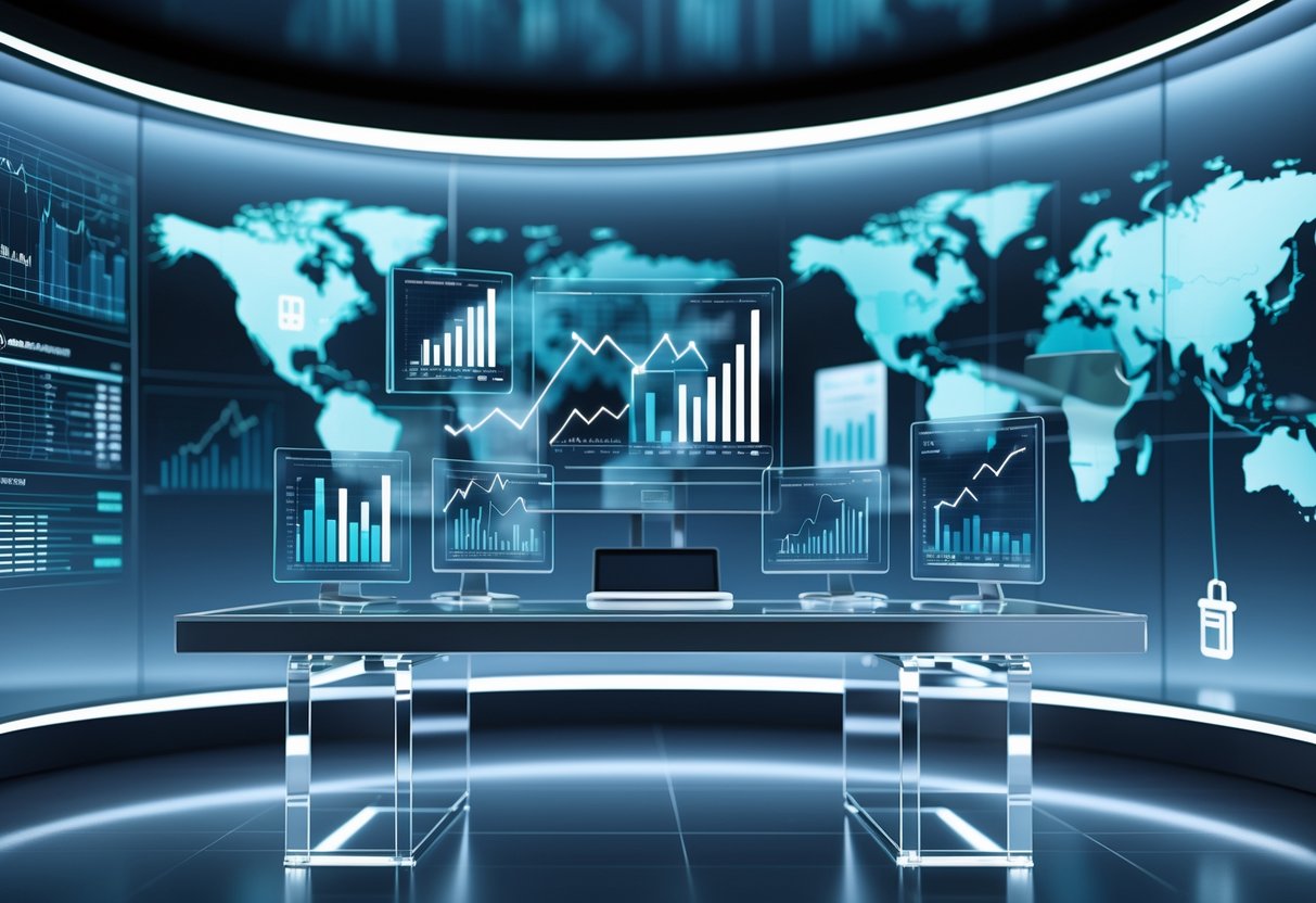 A modern office desk with floating digital screens showing graphs and a world map highlighting broadcast markets.