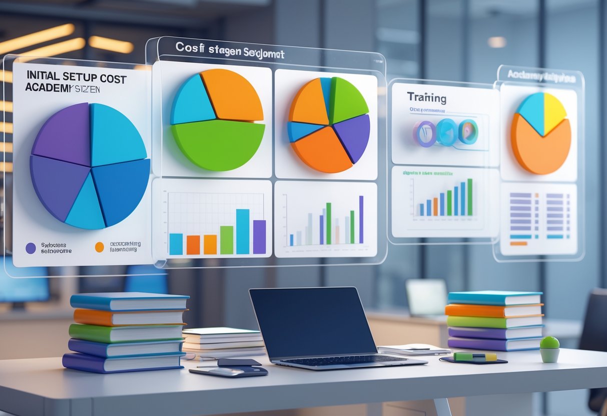 A 3D rendering of a workspace with floating digital charts and models representing different setup costs for an academy system.