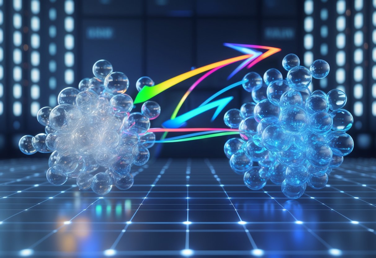 A 3D scene showing two groups of connected spheres with glowing arrows between them, representing the impact of exclusive deals.