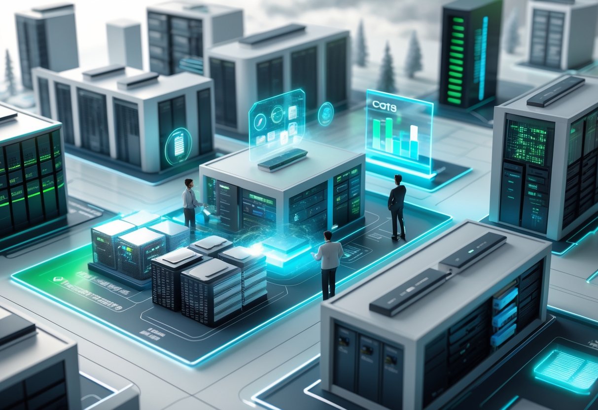 A futuristic academy with digital storage devices and holographic charts representing storage needs and costs.