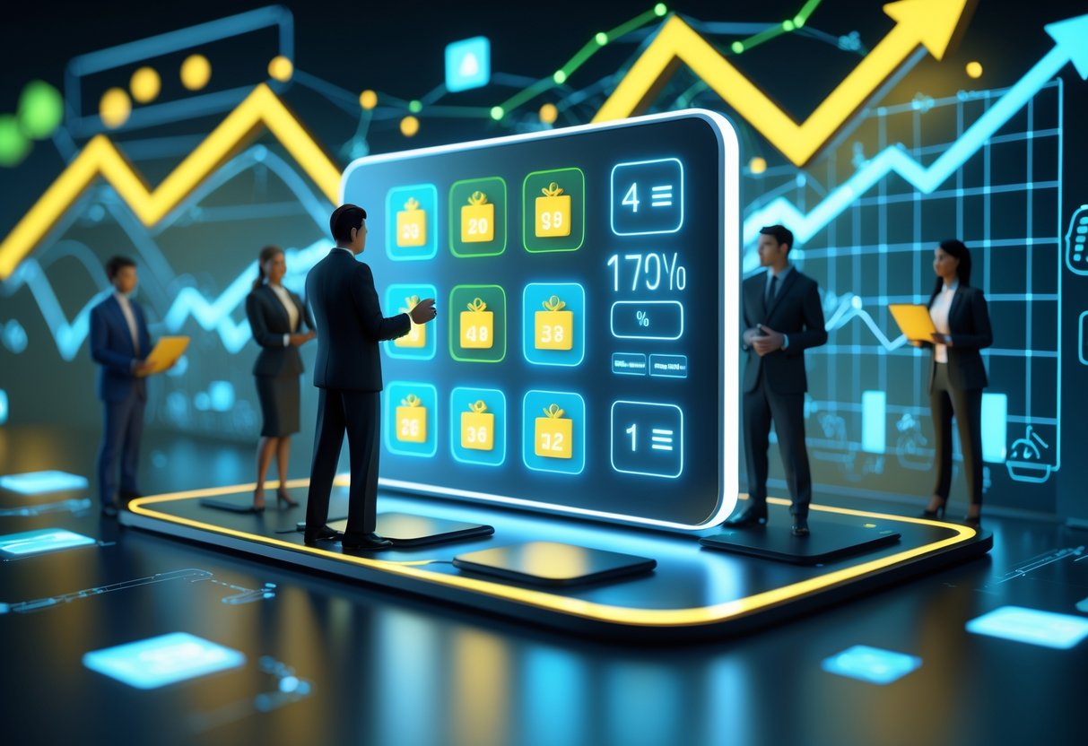 A 3D scene showing professionals around a digital display with icons of discounts and gifts, surrounded by graphs and holograms representing exclusive deals and strategy.