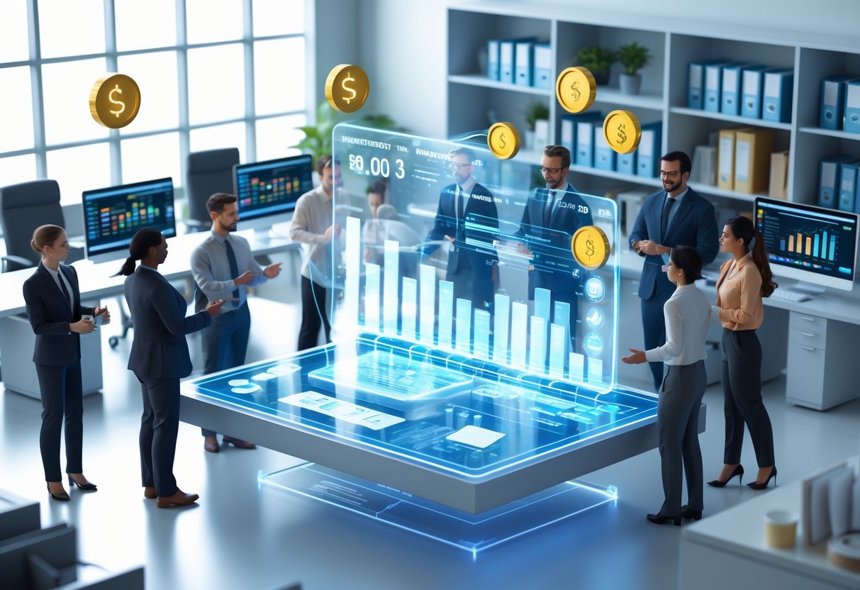 A group of office workers collaborating around a digital table showing charts and icons representing staffing and personnel costs in an academy system.