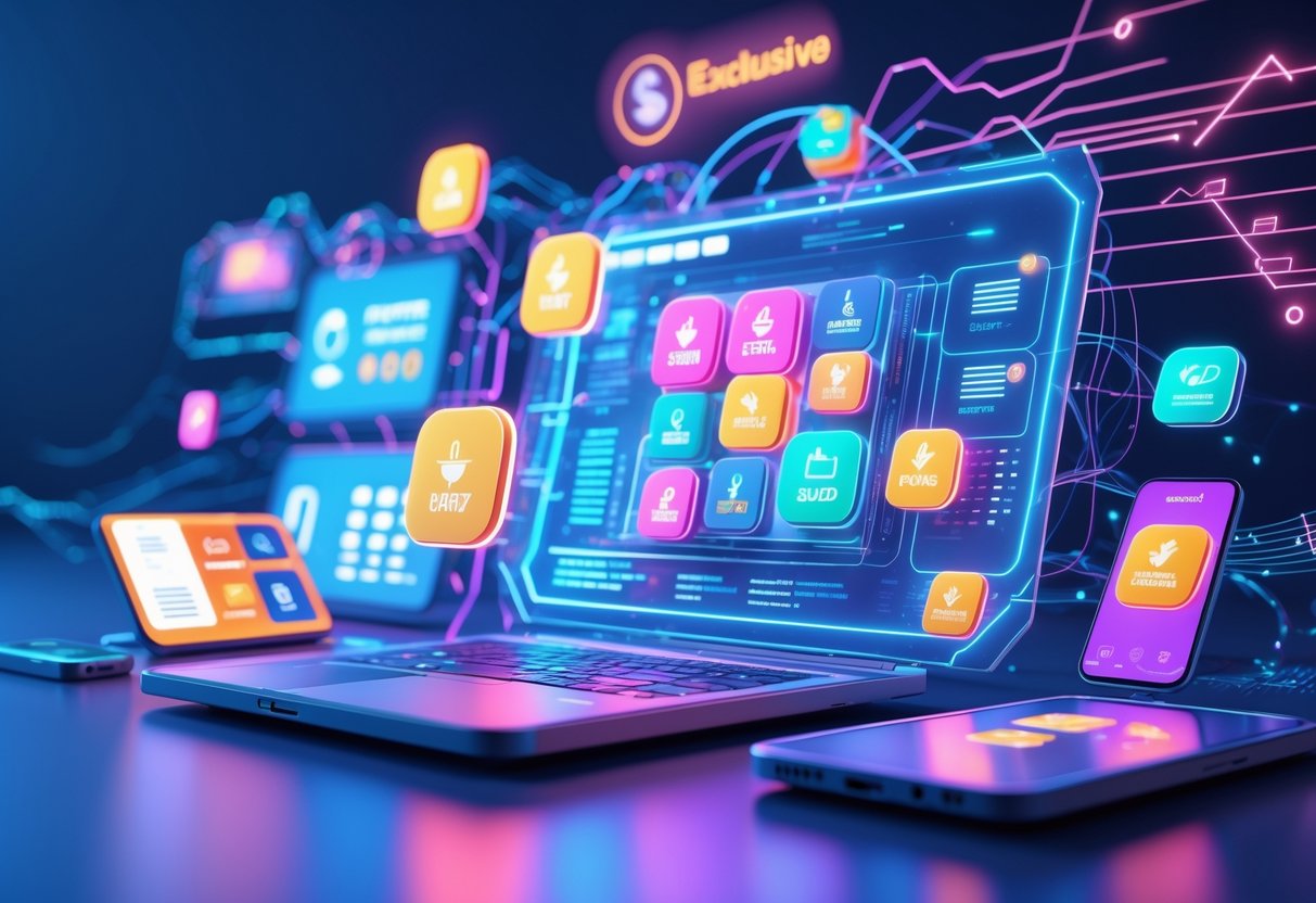 A digital marketplace with floating holographic screens showing discount icons and connected devices representing exclusive deals across digital channels.
