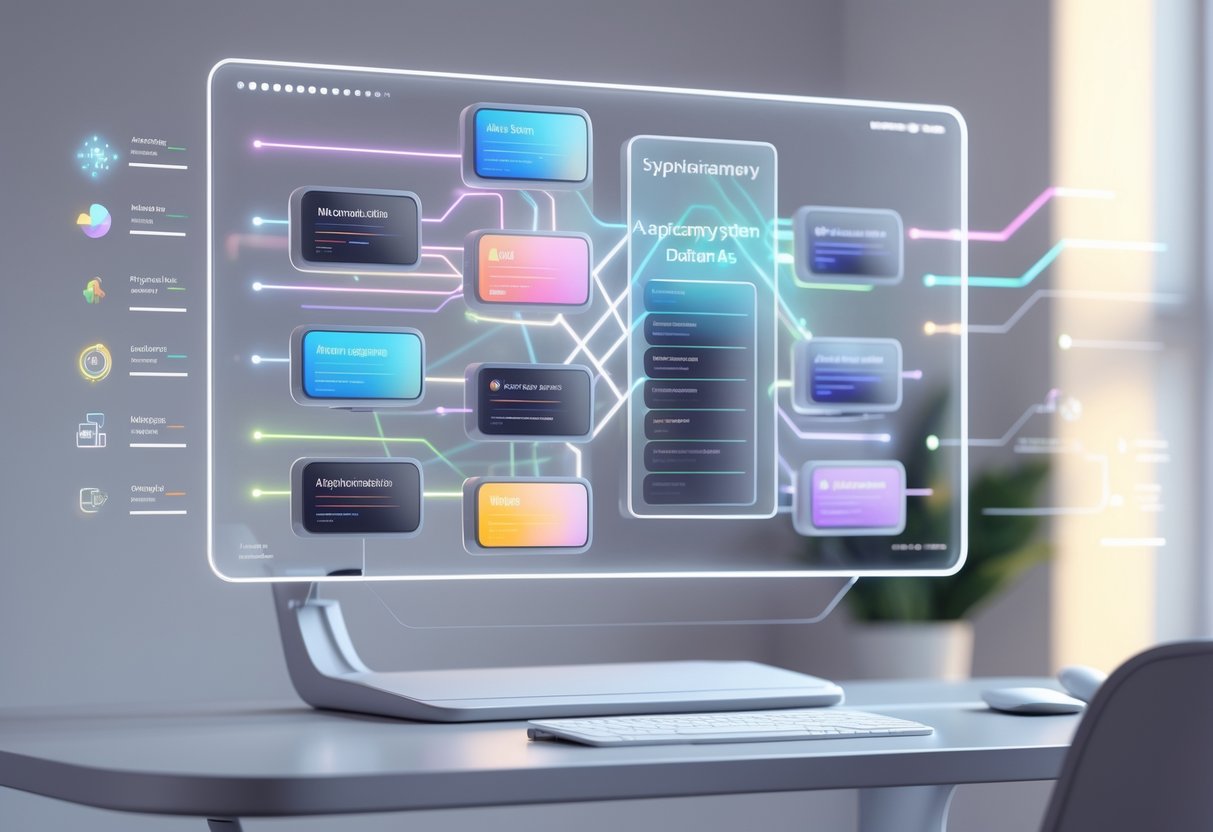 A 3D digital interface showing interconnected modules representing supplementary features and optional add-ons of an academy system, set in a modern, high-tech environment.