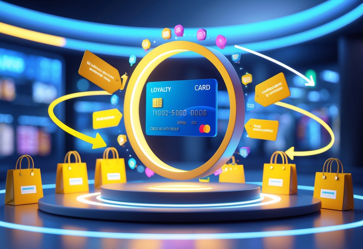 A 3D scene showing a glowing loyalty card surrounded by shopping bags and discount icons, with arrows indicating repeat purchases in a modern retail setting.