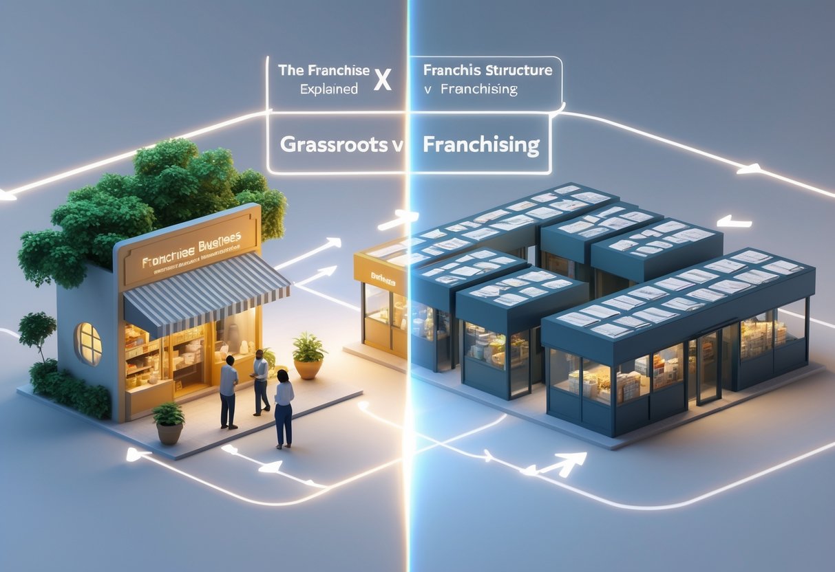 A 3D scene showing a small local shop with community members on one side and multiple identical shops connected in a network on the other side, illustrating grassroots business versus franchising.