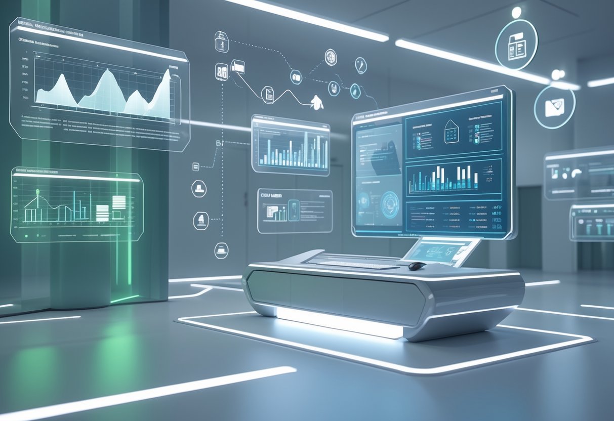 A futuristic control room with holographic screens showing charts and data about optimising and reducing system costs in an academy setting.