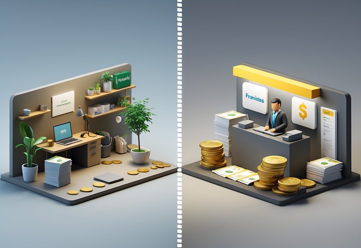 A split scene showing a small startup office with one person and minimal resources on the left, and a larger franchise office with multiple people and more financial assets on the right.