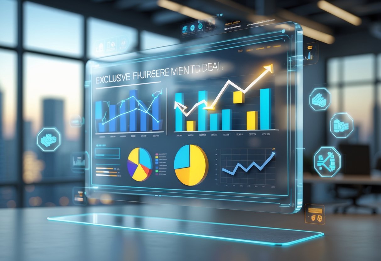 A 3D scene showing a digital business dashboard with graphs and icons representing exclusive deals and their impact in a modern office with a city view.
