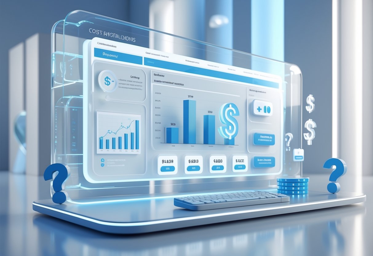 A 3D digital dashboard showing icons and charts related to an academy system's costs and frequently asked questions.