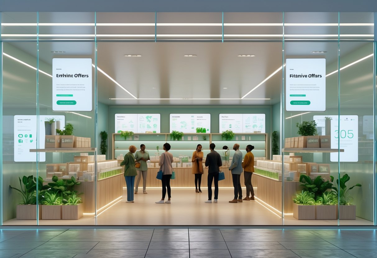 A glass storefront with eco-friendly products on wooden shelves and green plants inside, showing people shopping thoughtfully in a bright, natural light environment.