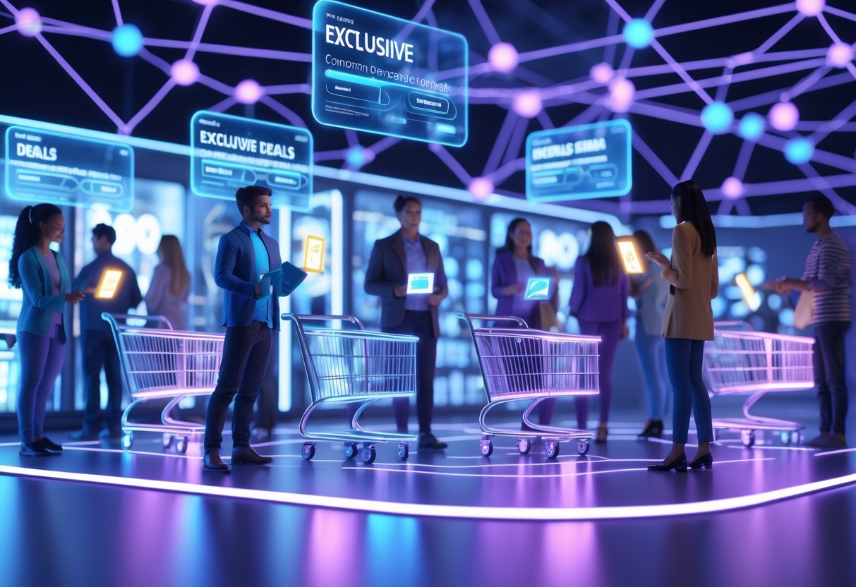 A futuristic digital marketplace where diverse customers interact with holographic exclusive deals and loyalty rewards, surrounded by glowing data streams and network connections.