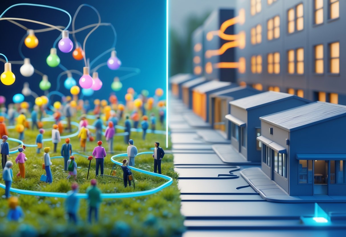A 3D scene showing a lively group of people collaborating on one side and a row of identical franchise stores on the other, with visual elements highlighting differences in control and autonomy.
