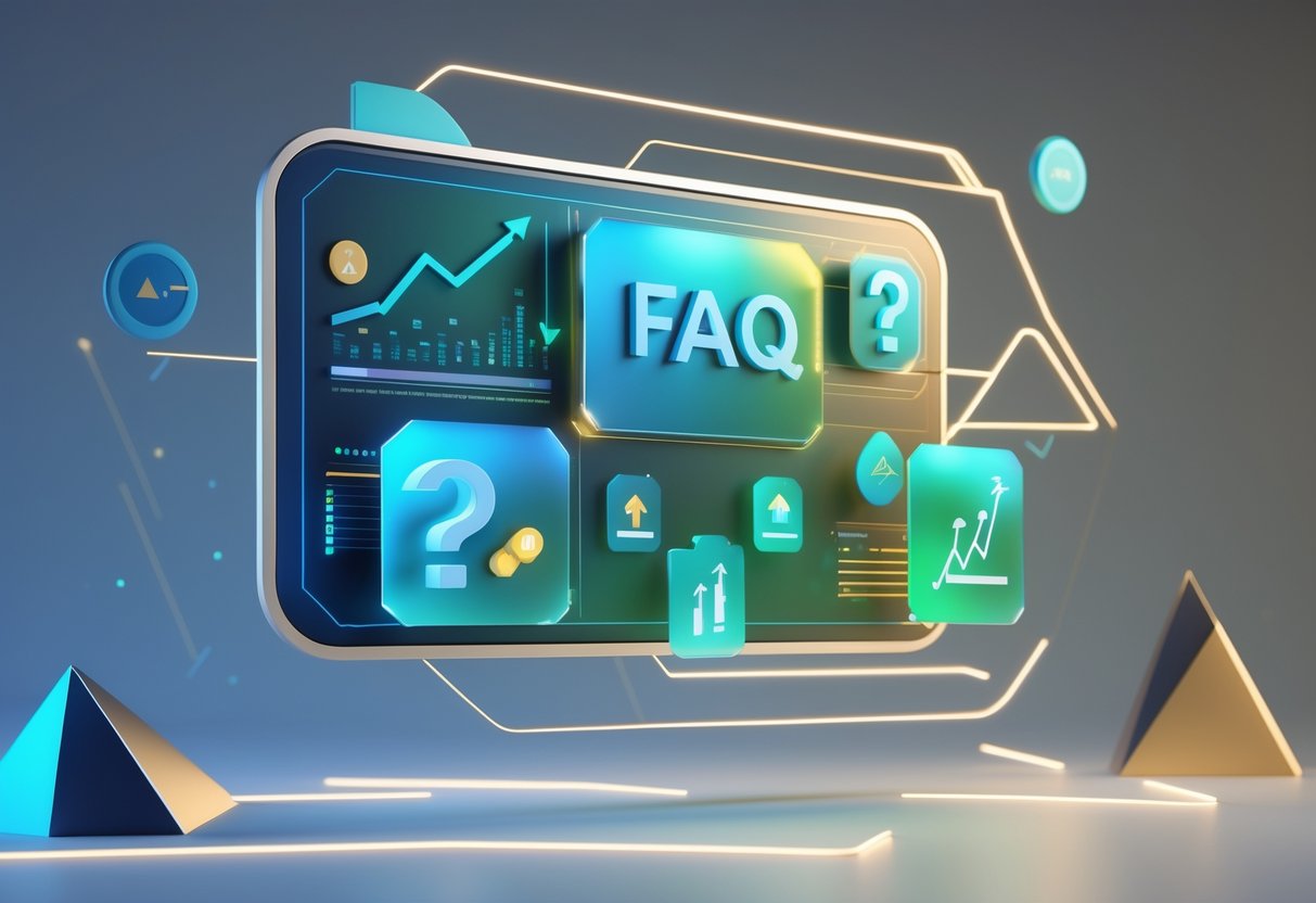 A 3D digital dashboard with floating holographic icons of question marks, discount tags, and graphs surrounded by glowing shapes and light trails.