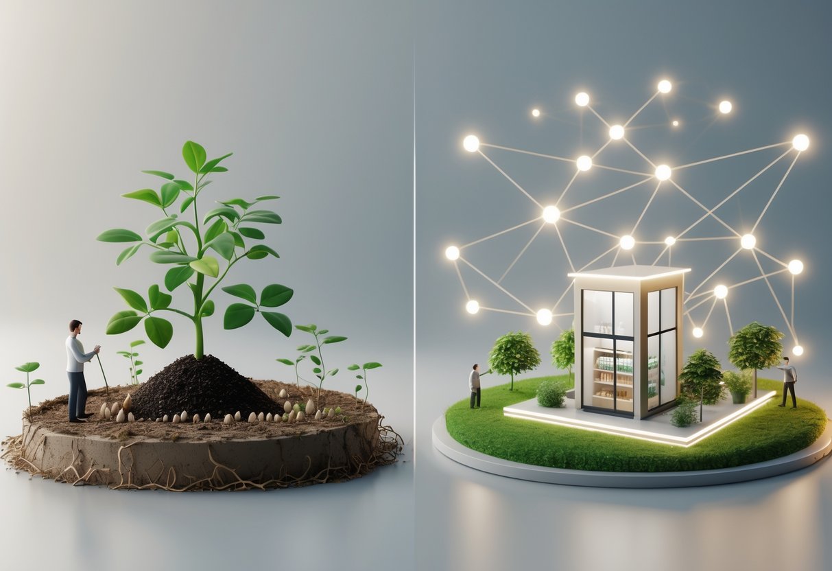 A 3D scene showing a small local shop with people planting seeds on one side and a network of identical franchise stores connected by glowing lines on the other side, illustrating different business growth methods.