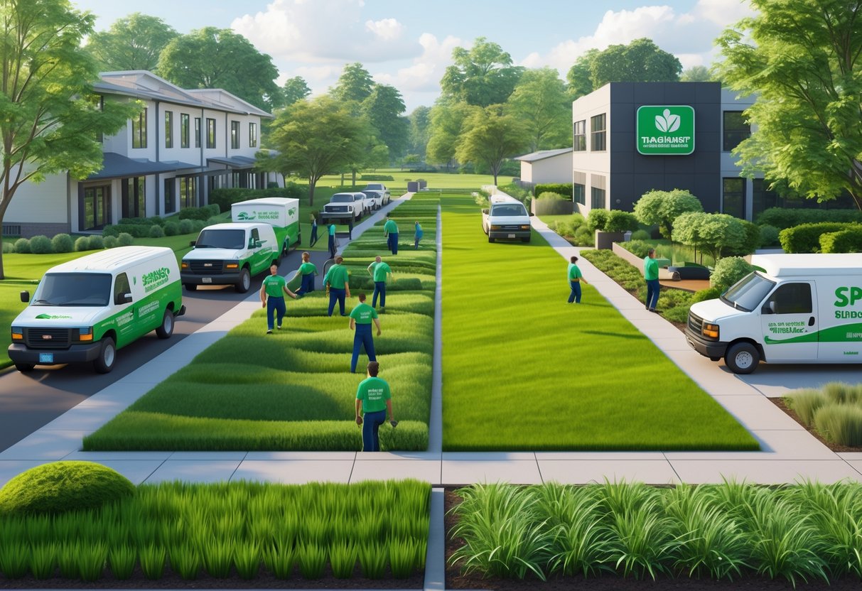 A split scene showing a busy lawn care franchise with branded vehicles and uniformed workers on one side, and a smaller grassroots turf business with fewer workers and a casual setting on the other side.