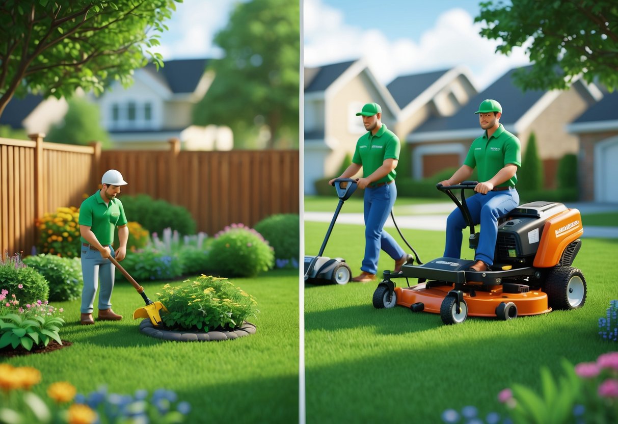 A split scene showing a person working alone in a small garden on one side and a team in uniforms using lawn care machines on a larger suburban lawn on the other side.