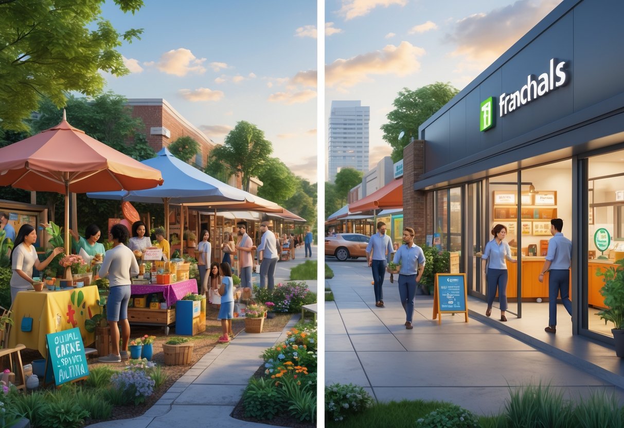 A community scene split into two halves: one side shows a lively local market with people interacting and handmade stalls, the other side shows a modern franchise store with uniform branding and customers.