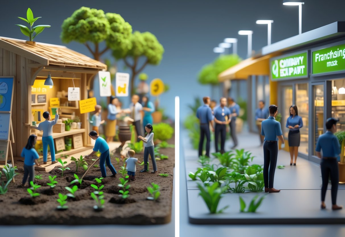 A scene showing a community working together planting and building on one side, and on the other side, uniform branded stores with staff in matching uniforms, illustrating grassroots business versus franchising.