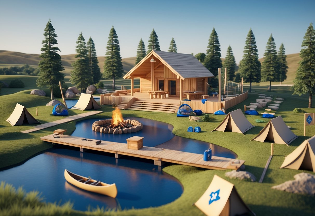 An outdoor scouting camp with a wooden lodge, tents, campfire circle, climbing structure, and a small lake surrounded by trees and hills.