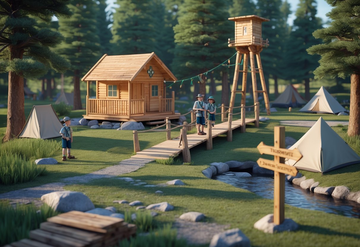 Outdoor scene with a wooden scout cabin, rope bridge, campfire area, lookout tower, tents, and a small stream with a footbridge surrounded by trees.