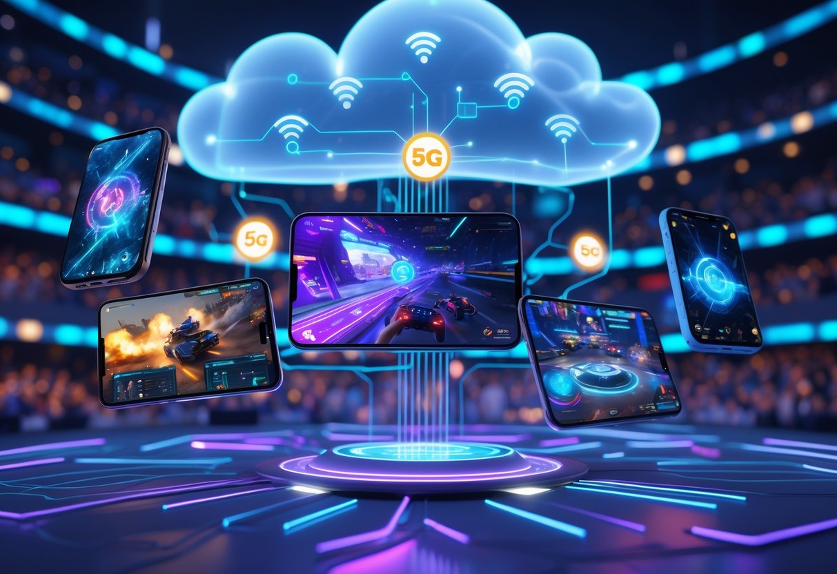 A 3D scene showing smartphones and tablets connected by glowing 5G signals to a cloud above, with a large esports tournament stadium and cheering crowd in the background.