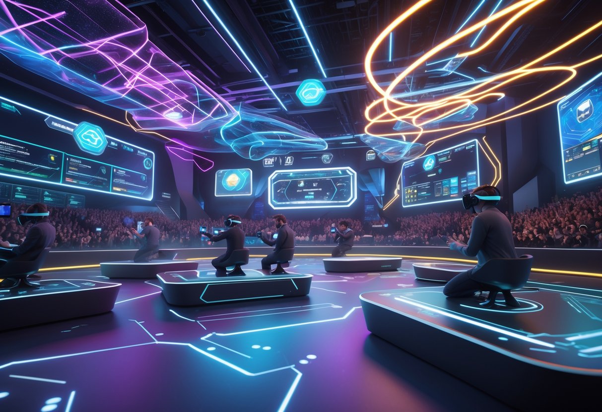 A futuristic esports arena with players using virtual and augmented reality headsets, surrounded by glowing 5G network signals and holographic displays, with an audience watching the tournament.