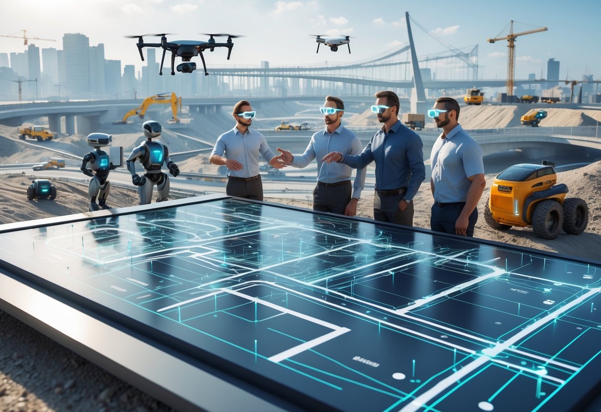 Engineers and planners examining a holographic map of infrastructure projects with drones and construction equipment in a city setting.