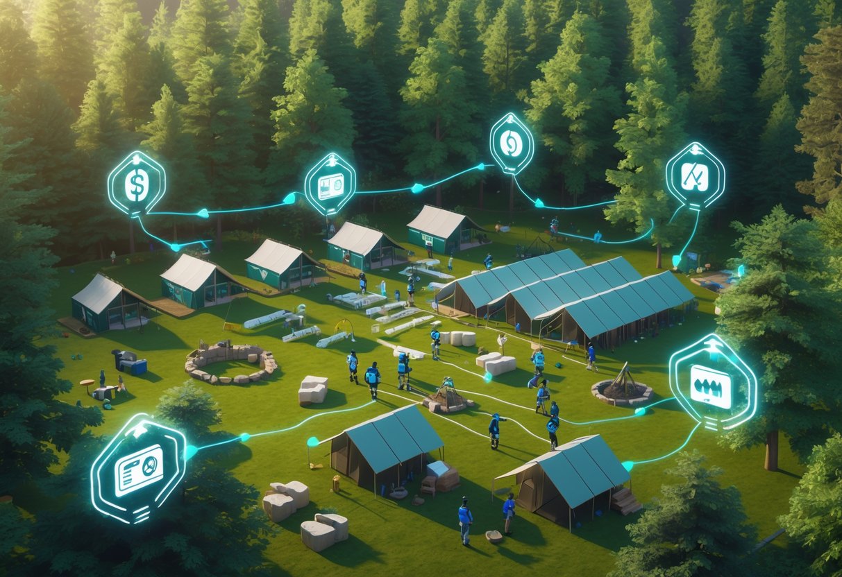 A scout camp in a forest clearing with tents and cabins, surrounded by floating icons representing money and donations connected to the camp.
