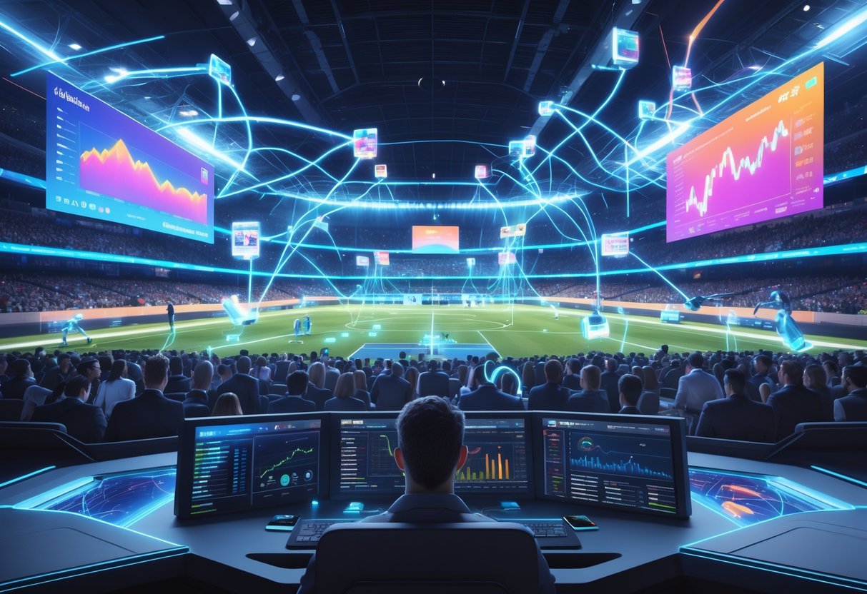 A futuristic sports stadium with digital screens showing live player statistics and data streams connecting players and devices, representing fast data analysis during a tournament.