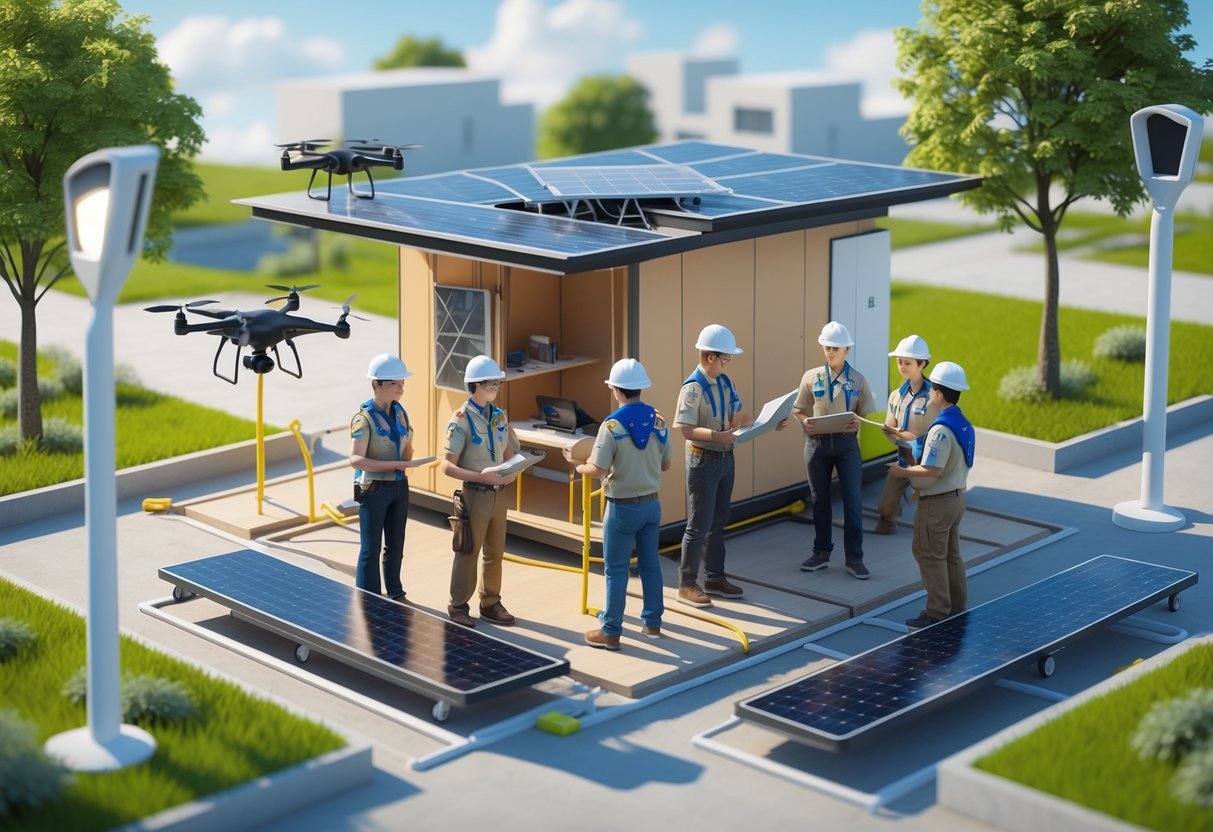 A construction site with engineers and scouts working on building scouting infrastructure surrounded by green spaces and smart equipment.