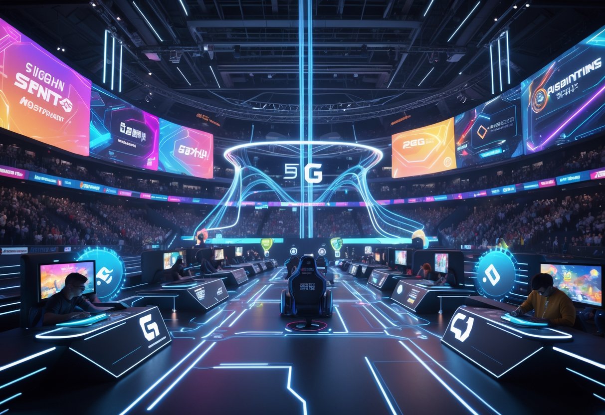 A busy esports tournament arena with players competing and digital advertisements around, showing fans using mobile devices and augmented reality to engage with the event.