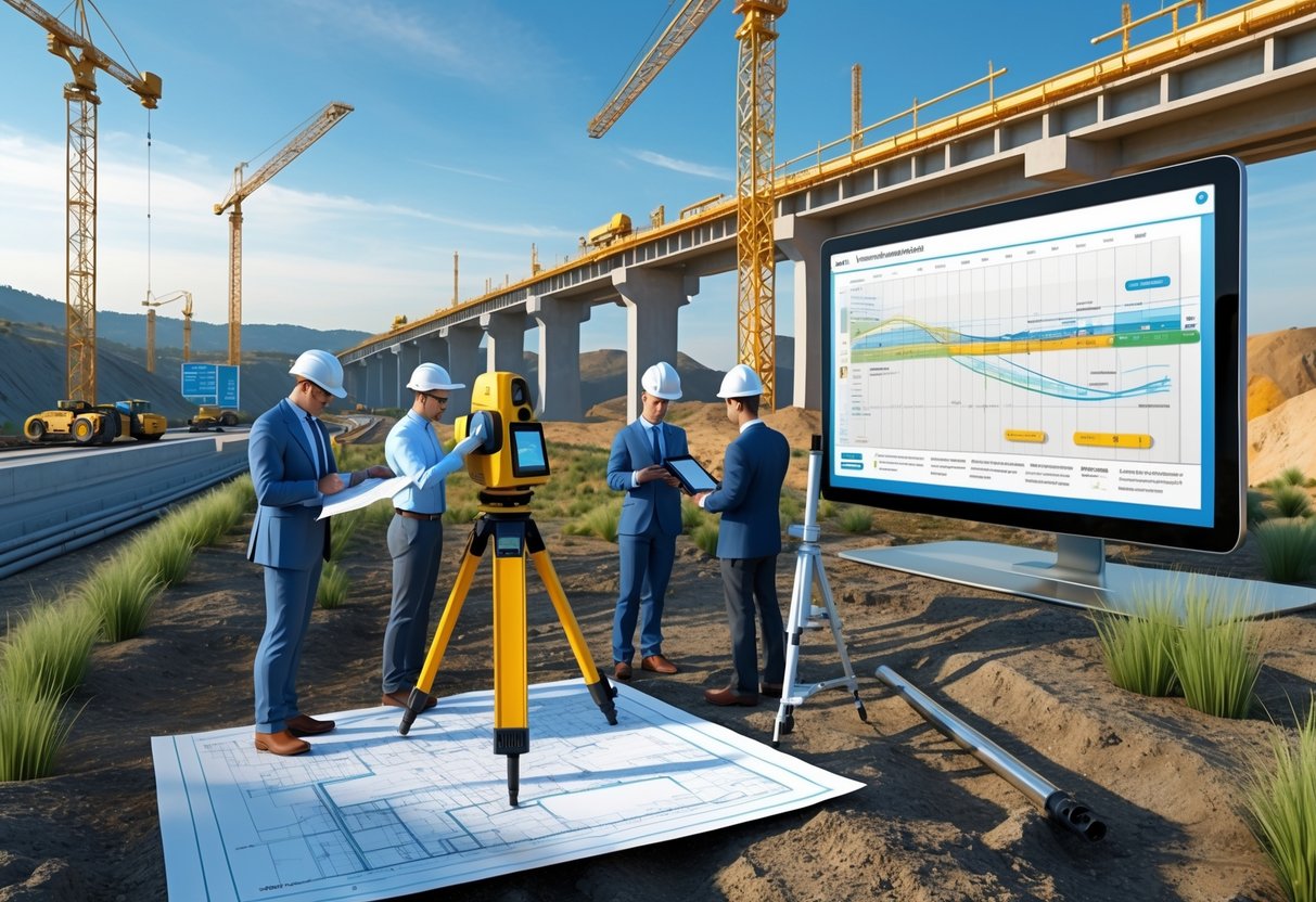 A group of professionals working together at an infrastructure project site with surveying equipment, digital tablets, and construction machinery visible in the background.