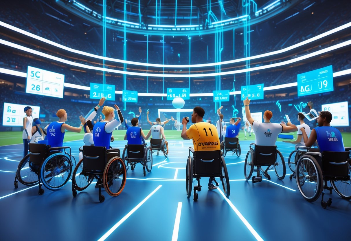 A stadium filled with diverse athletes and spectators, including people with disabilities, using advanced technology to connect and participate equally during a sports tournament.