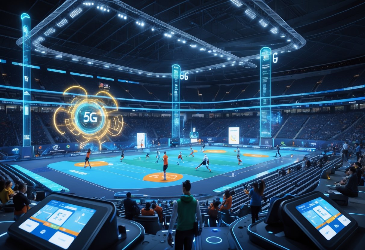 A futuristic sports stadium with athletes competing and holographic displays showing real-time data, surrounded by glowing wireless signals representing 5G connectivity.