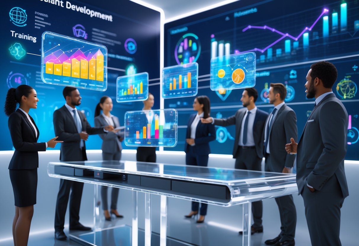 A modern office with professionals examining floating digital graphs and charts representing talent development and return on investment metrics.