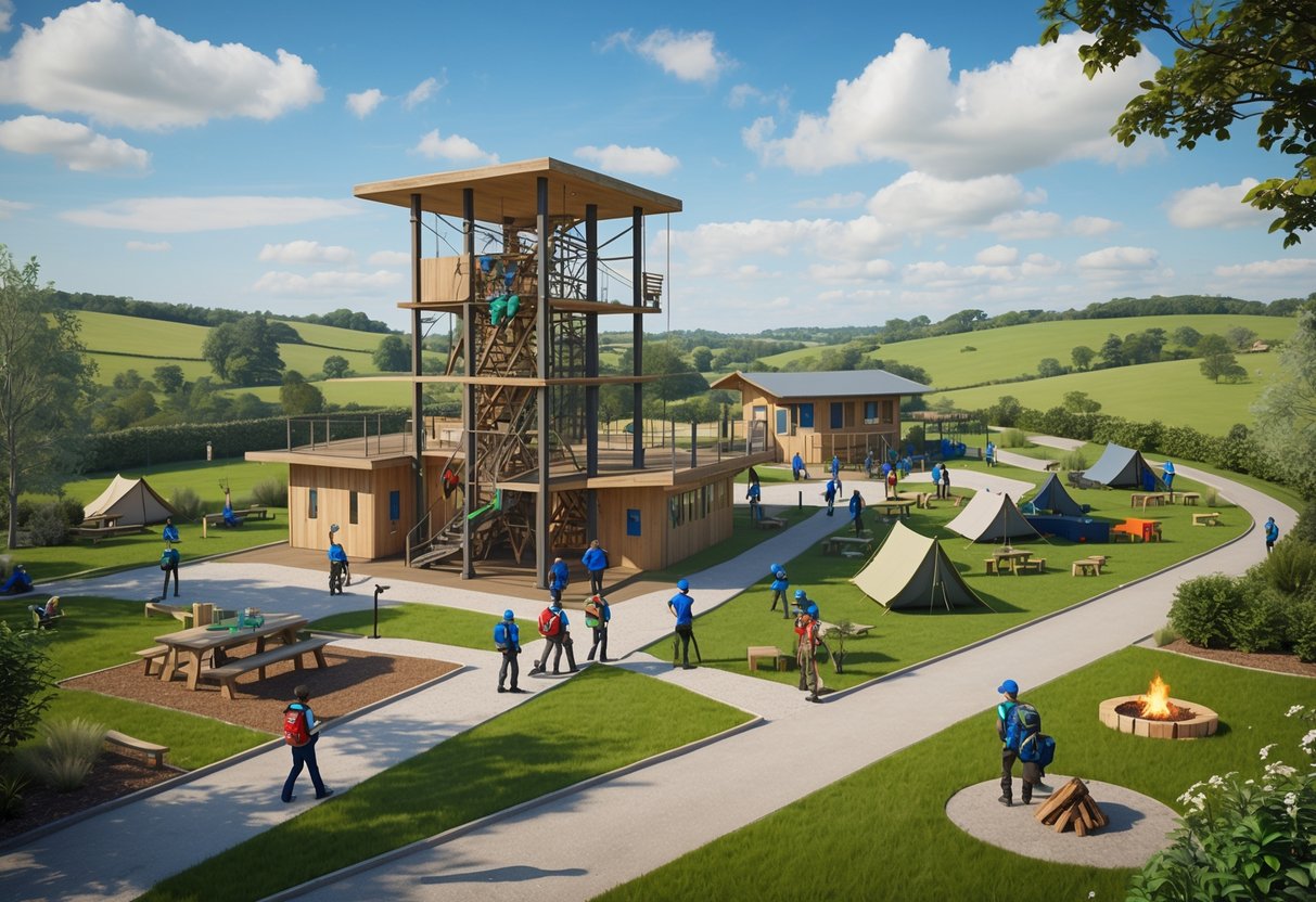 Outdoor scouting centre with climbing walls, tents, picnic areas, and scouts engaged in activities in a green countryside setting with rolling hills.