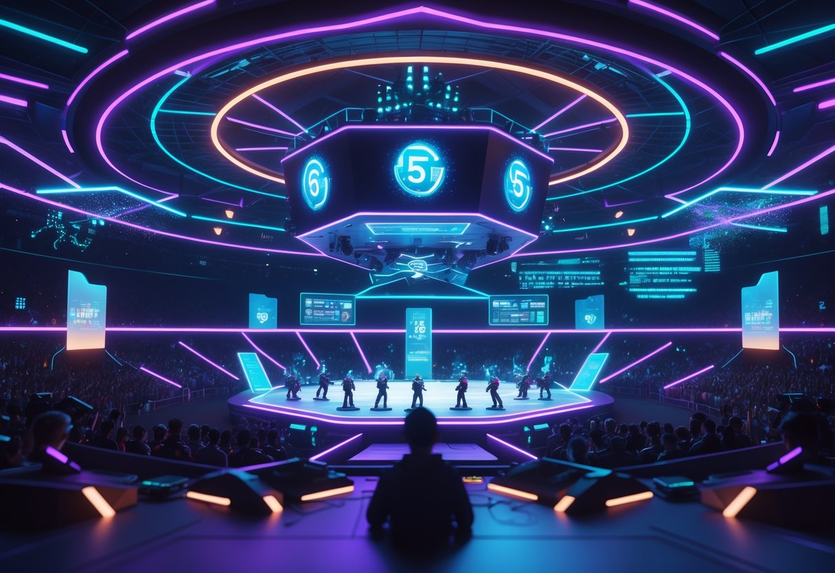 A futuristic esports tournament arena with players competing on stage, surrounded by a cheering crowd and glowing 5G technology elements symbolising fast wireless connectivity.
