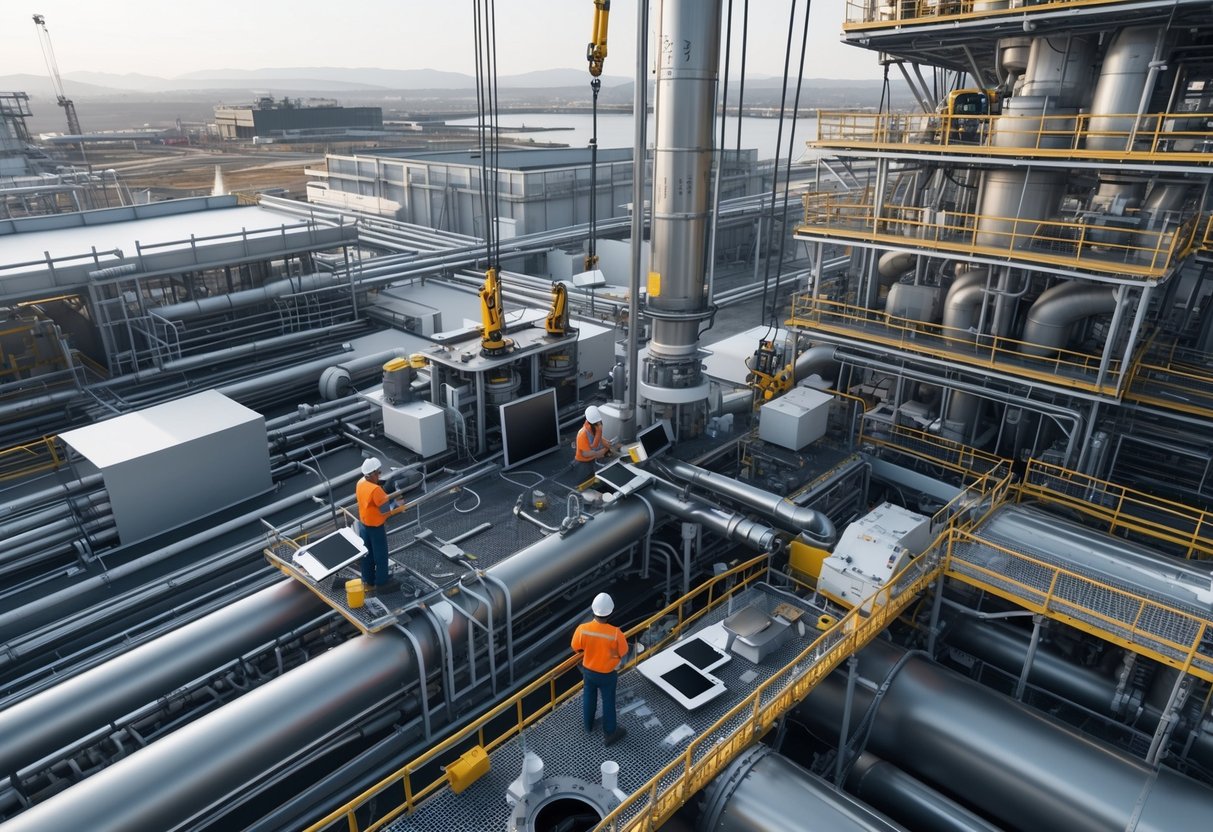 A large industrial facility with engineers inspecting and upgrading machinery and infrastructure.