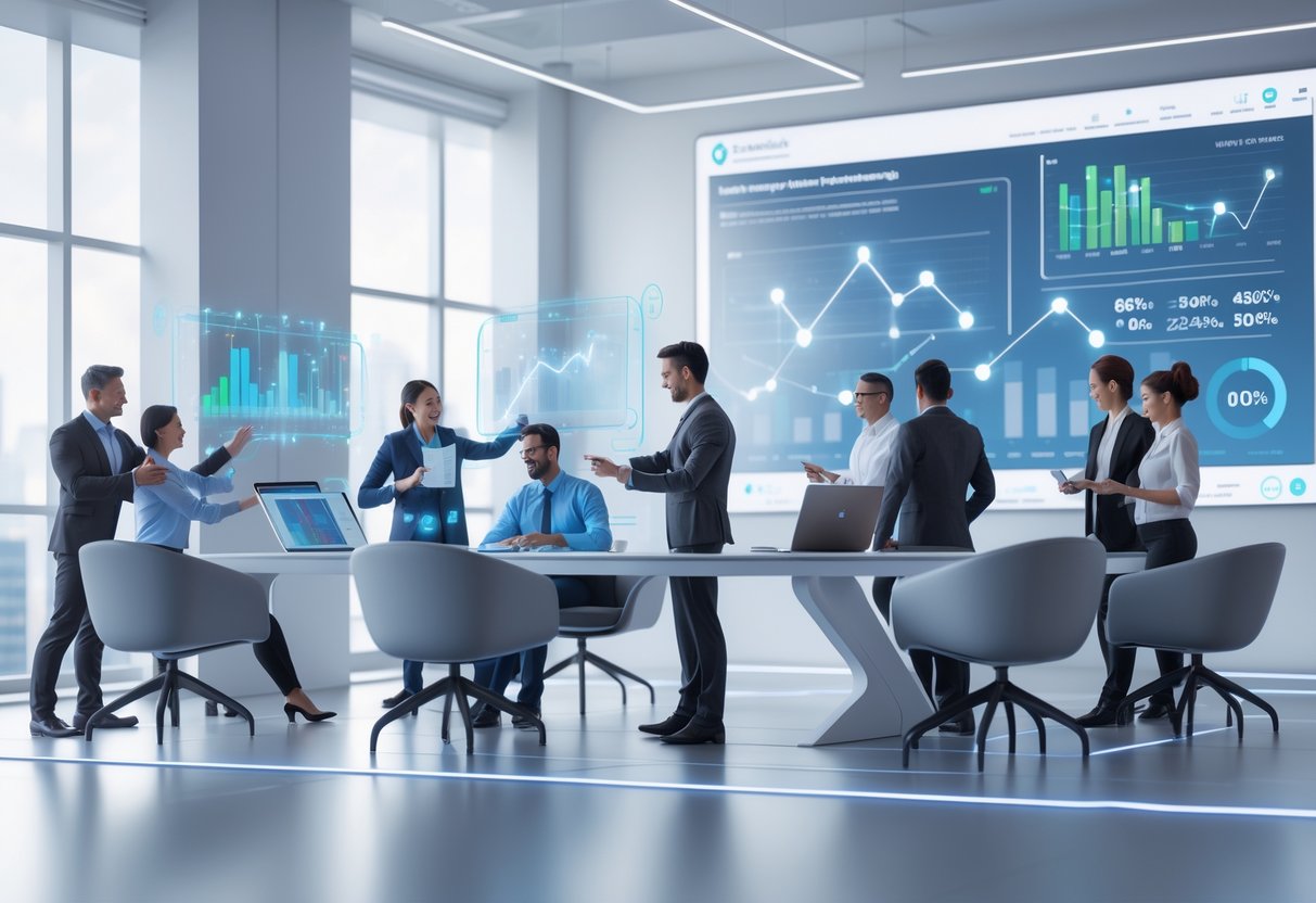 A group of professionals in a modern office using digital displays and devices to learn and collaborate, with data visualisations showing growth and progress.