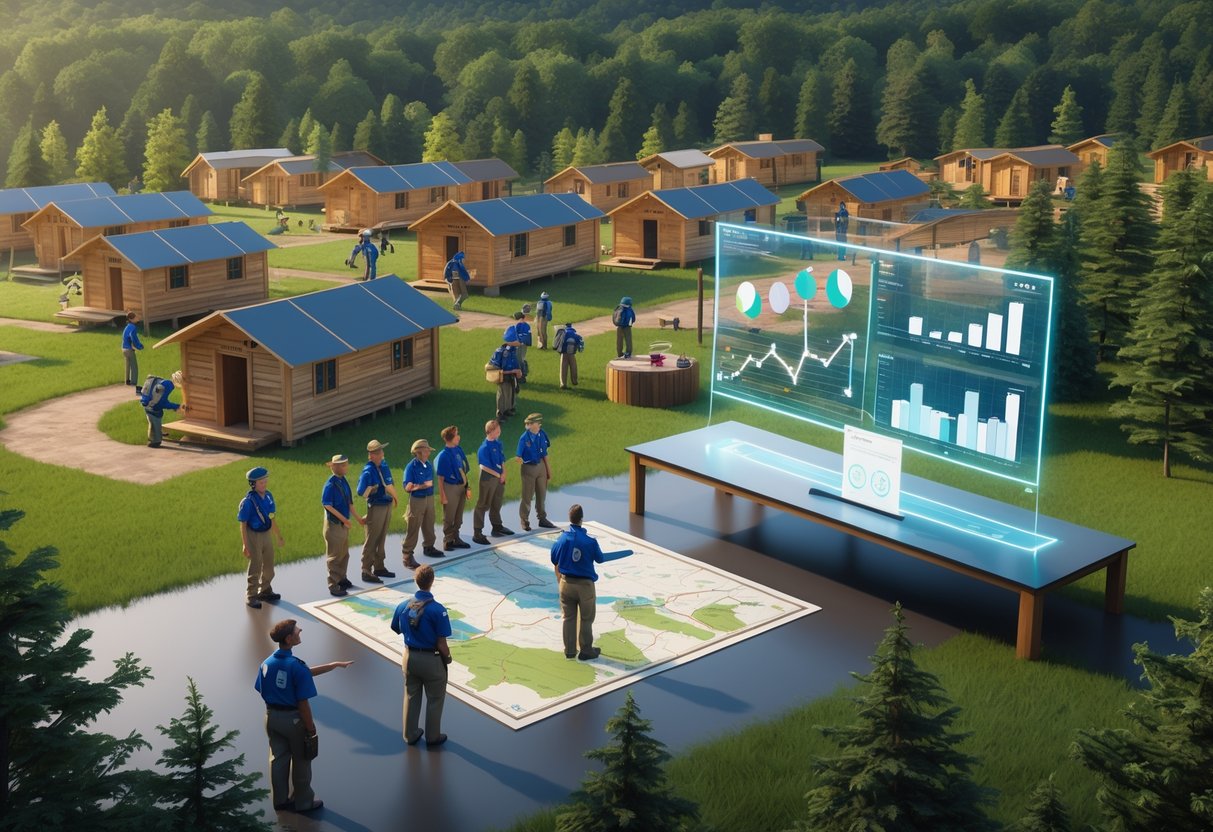 A scout camp with wooden cabins and tents in a forest, scouts working together on outdoor activities and a digital display showing data analytics nearby.