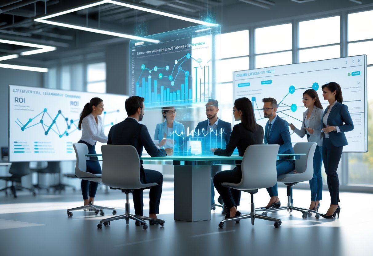 A group of professionals collaborating around a glass table with floating digital charts and graphs showing talent development and ROI, in a bright office with interactive whiteboards in the background.