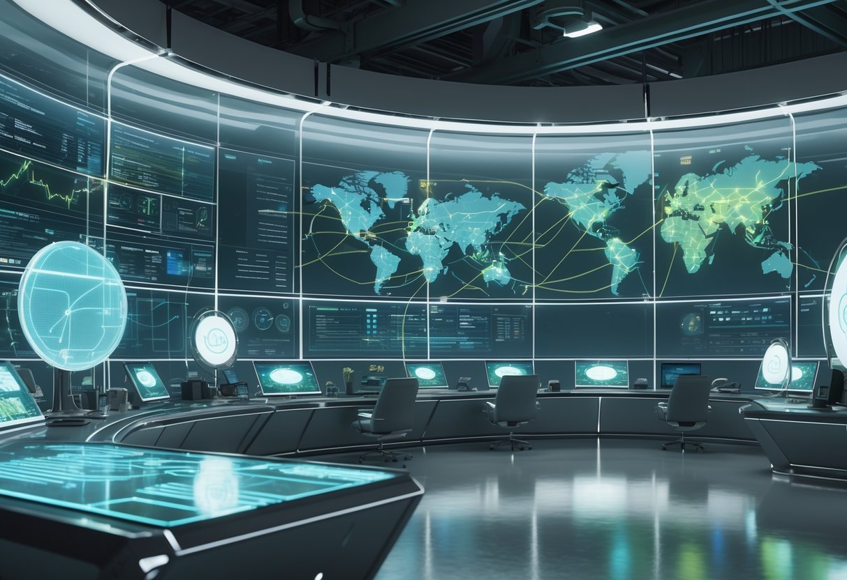 A futuristic control centre with digital dashboards, holographic screens, and network nodes showing scouting routes and data analysis.