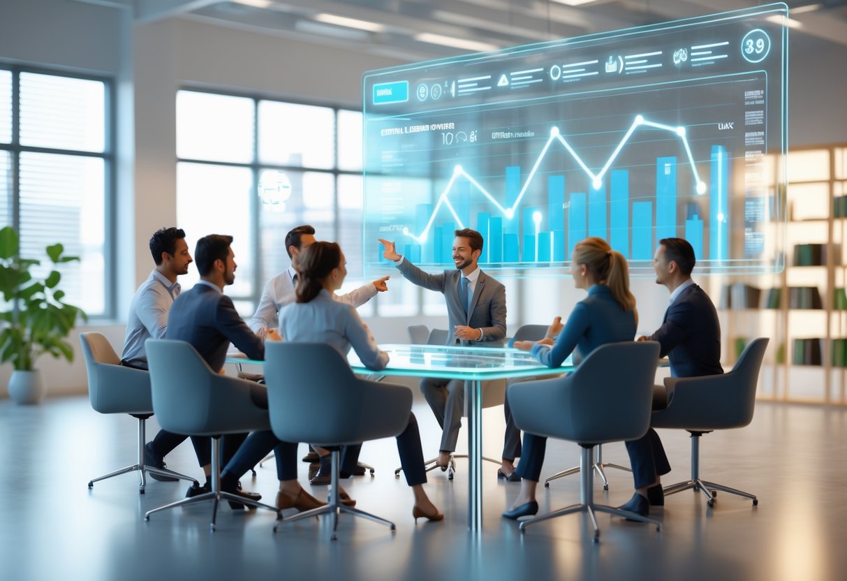 A group of professionals collaborating around a table with floating charts and graphs showing growth and development metrics in a bright office.