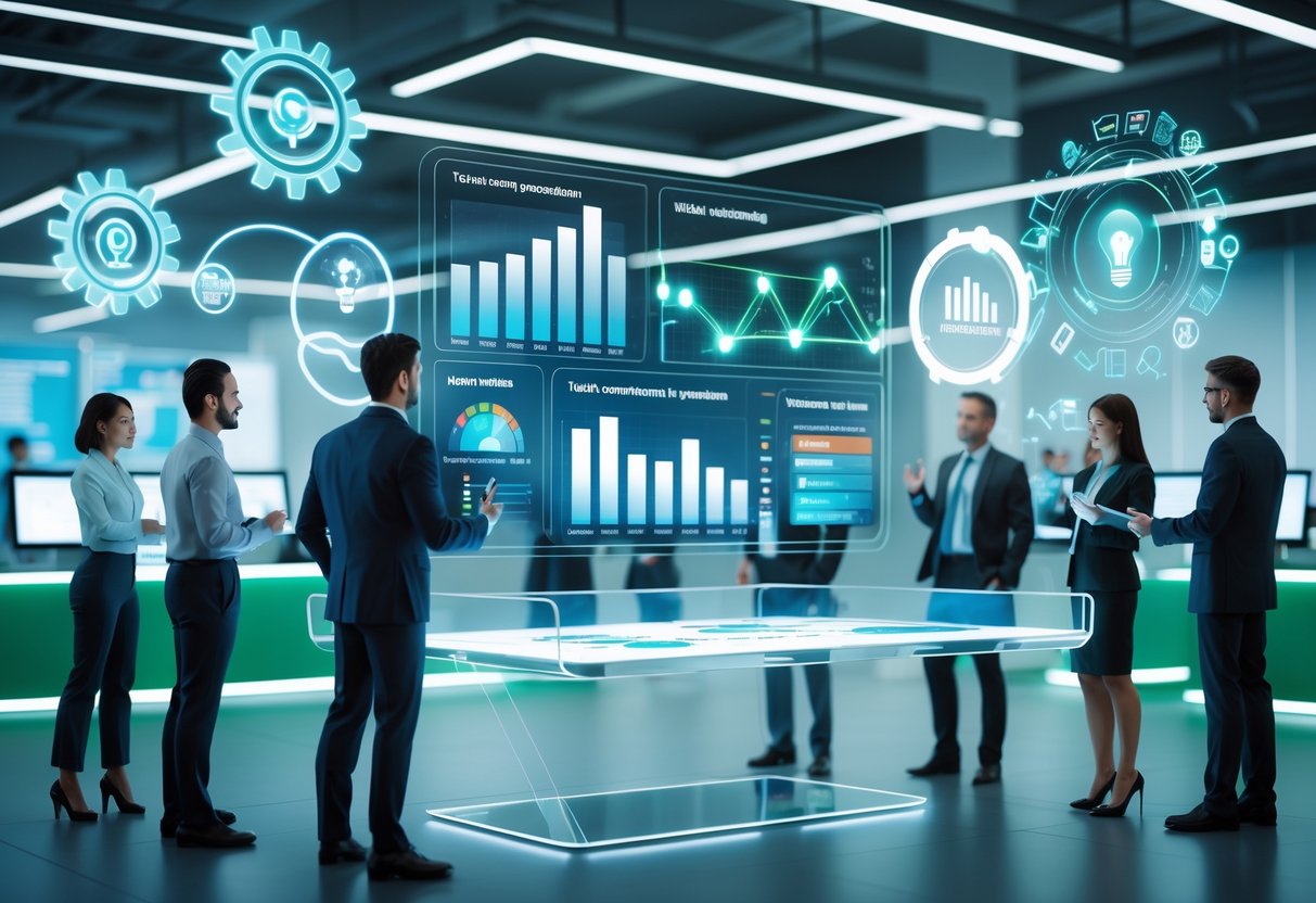 A futuristic office scene with professionals using holographic displays and digital interfaces to analyse talent development and investment data.