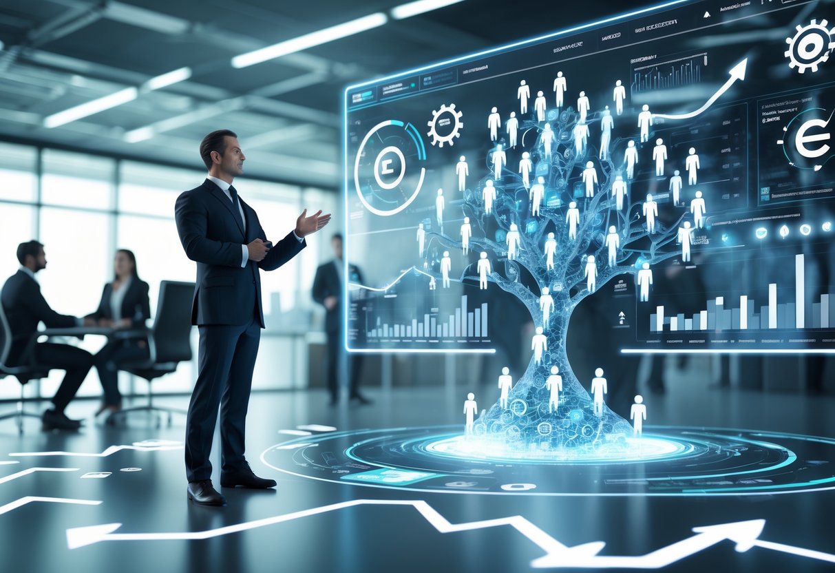 A group of professionals collaborating around a digital interface showing graphs and symbols representing talent growth and investment returns in a modern office setting.