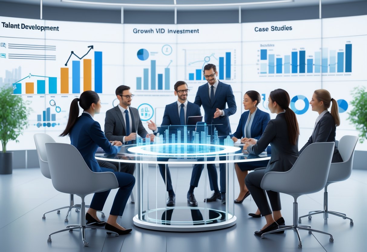 A group of professionals collaborating around a digital table with charts and graphs in a bright office space.