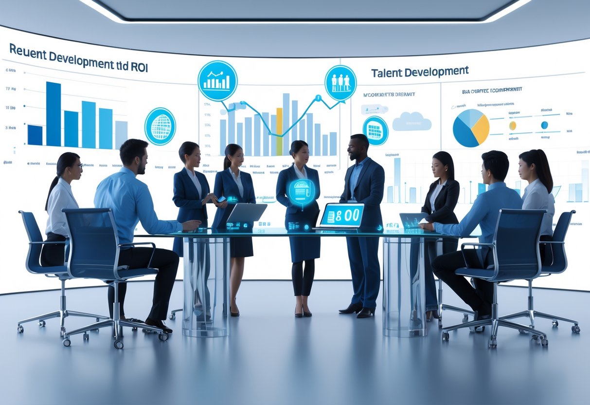 A group of professionals collaborating around a table with digital charts and holographic icons showing growth and performance data in a modern office.