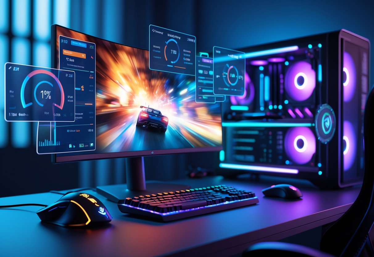 A 3D scene of a gaming desktop setup with a curved monitor showing a fast-paced game and floating holographic panels displaying display settings and input lag indicators.