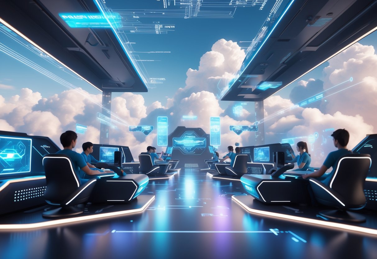 A futuristic gaming arena in the clouds with players competing at high-tech gaming stations surrounded by holographic screens and digital data streams.